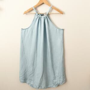 ANN TAYLOR LOFT | Chambray Denim Look Drawstring Neck Tie light Blue Mini | XL